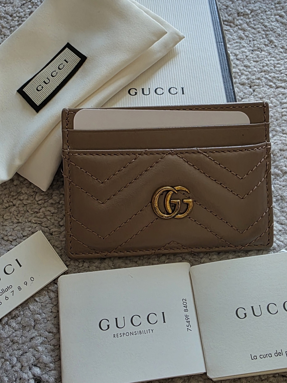 Gucci Tan Quilted GG Marmont Card Case with Gold Logo
